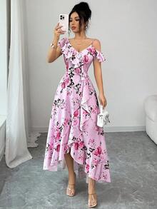 Elenzga 女士春夏新款浪漫复古宫廷风海滩度假氛围套装，适合日常聚会、约会派对，花卉印花，斜领荷叶边不规则下摆设计，粉色长款连衣裙 - 粉色 - 查看 7