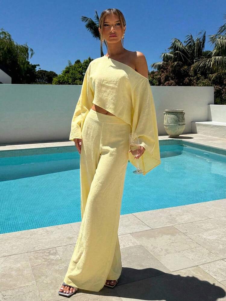 Aloruh 2pcs Women Flowy One-Shoulder Cape Sleeve Crop Top And Minimalist Long Pants Set Summer Outfits   Summer Clothes   Summer Outfits For Women Summer Holiday Outfits Vacation Vacation Outfits Women Holiday Outfits For Women  Summer Holiday Outfits Vacation  Vacation Outfits For Women      Summer Vacation Outfits  Beach Vacation Outfits For Women Creamy Yellow Casual Suit, Off-Shoulder And Asymmetrical Summer Lounge Set Yellow Two Piece Set Summer Pant Set - Yellow - View 5