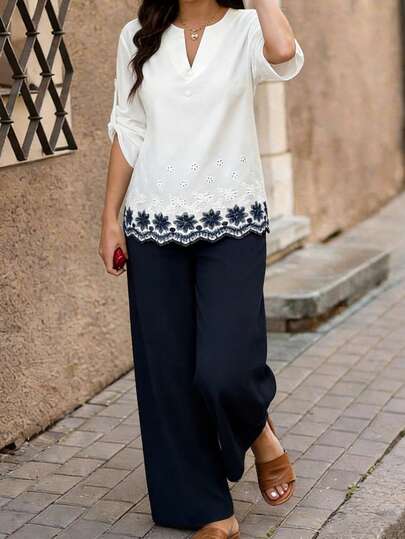 Louniche Women's Colorblock Embroidered V-Neck Casual Suit, Autumn/Winter Blouse And Pants Set Summer Modest Tops Modest Blouse Modest Tops For Women Wide Leg Pants Woman