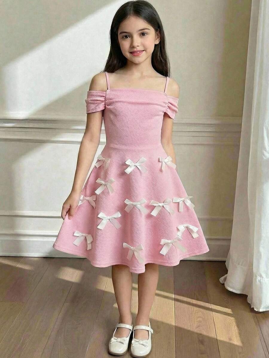 SHEIN Tween Girl Casual Elegant Cute Camisole A-Line Bowknot Hem Dress, Pink,Kids - Pink - View 1