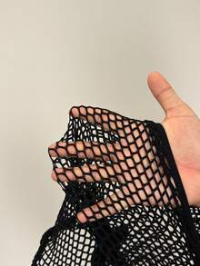 BamGleam 女士性感镂空渔网露脐紧身短款上衣 - 黑色 - 查看 6