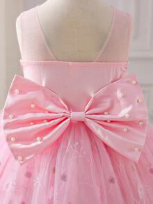 SHEIN Glamorique Kids Toddler Girls' Princess Dress, Pink Embroidered Dress, Sequins, 3D Flowers, Birthday Party, Wedding Holiday Dress, Flower Girl, Sleeveless, Back Bow Tie, Pearl - Pink - View 4