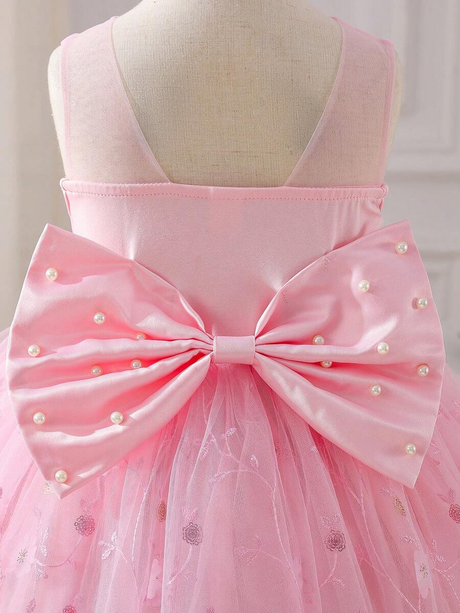 SHEIN Glamorique Kids 女童公主裙，粉色刺绣连衣裙，亮片，3D立体花朵，生日派对，婚礼节日礼服，花童礼服，无袖，后背蝴蝶结，珍珠 - 粉色 - 查看 1