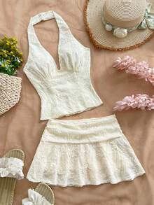 Soleia Women's Floral Embroidery Halter Neck Vacation Camisole - White - View 1