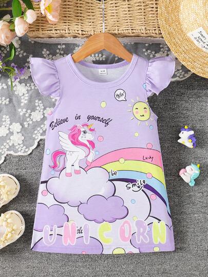 SHEIN Baby Girl Round Neck Cartoon Letter Print Ruffle Sleeve Dress, Suitable For Daily Wear