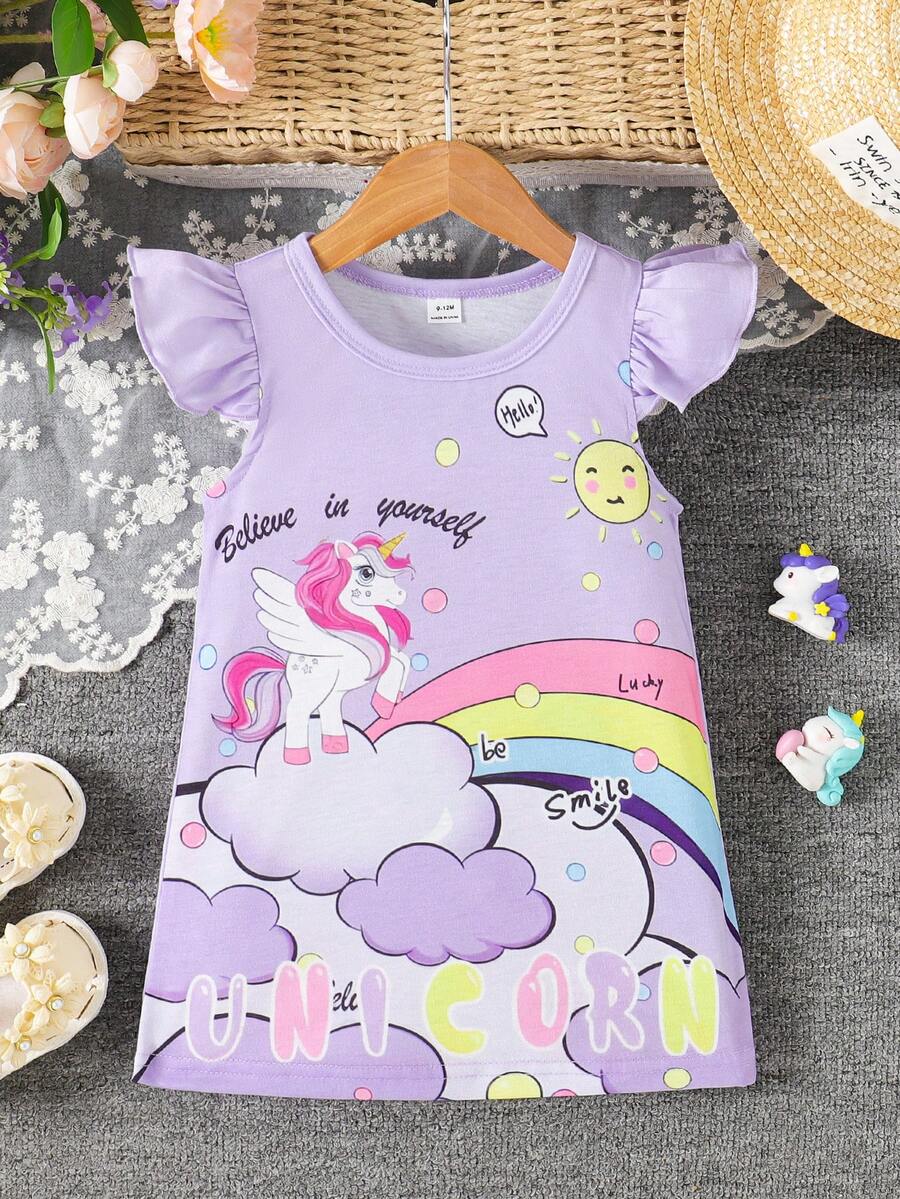 SHEIN Baby Girl Round Neck Cartoon Letter Print Ruffle Sleeve Dress, Suitable For Daily Wear - Purple - View 1