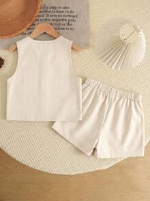 SHEIN 少女休闲优雅简约无袖蝴蝶结宽松背心上衣和松紧腰短裤两件套，米色 - 白色 - 查看 2