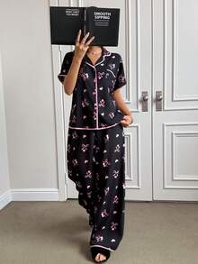 SHEIN Napfluff 2pcs/Set Cute Cherry Blossom Bow Print Ruffle Bubble Cardigan Pajamas For Women - Black - View 1