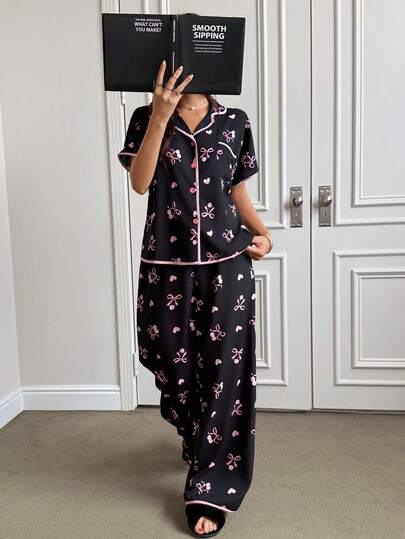 SHEIN Napfluff 2pcs/Set Cute Cherry Blossom Bow Print Ruffle Bubble Cardigan Pajamas For Women