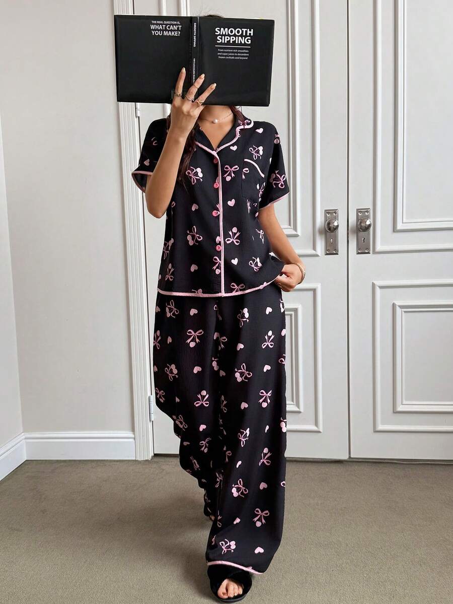 SHEIN Napfluff 2pcs/Set Cute Cherry Blossom Bow Print Ruffle Bubble Cardigan Pajamas For Women - Black - View 1