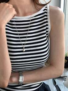DAZY Women's Sleeveless Striped Knit Tank Top, Casual Layering Vest - Black and White - View 5