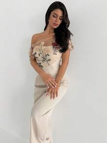 Firerie Bộ áo liền quần ống rộng phối lưới thêu hoa thanh lịch dành cho nữ - Màu be - Xem 9