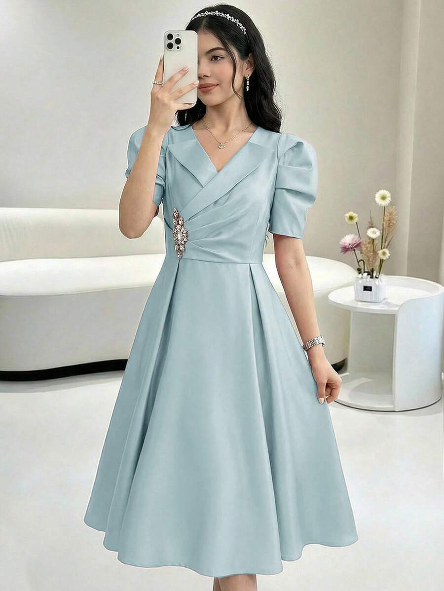 SHEIN Teen Girls Green Satin Gigot Sleeve A-Line Party Evening Dress - Green - View 1