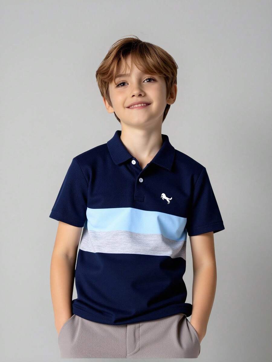 SHEIN Vacaura Tween Boy Striped Short Sleeve Casual Polo Shirt - Royal Blue - View 1