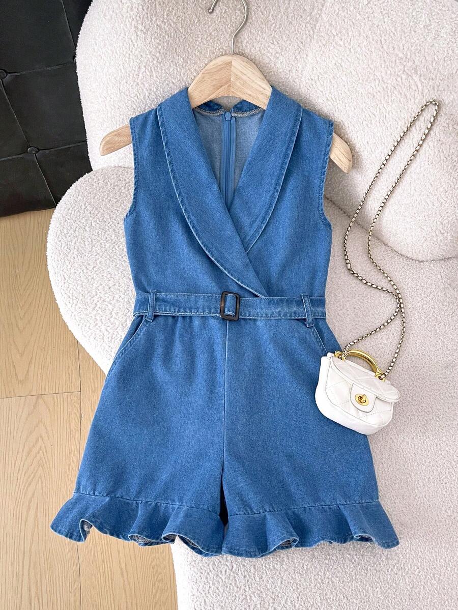 Tween Girls Summer Boho Fashionable V Neck Ruffle Hem Cute Jumpsuits With Belt Waist, Women's Elegant Flowing Jumpsuits - Light Wash - View 1