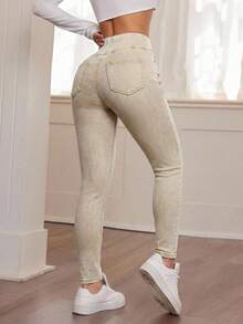 SHEIN PETITE Women's Fall Autumn Winter Back To School Homecoming Halloween Christmas Y2k Cute Gym Streetwear Birthday Club Airport Women Casual Washed Overlap Waist Slim Fit Blue Jeans High-Waisted Stretchy Skinny Jeans For Women - Perfect Fit For Everyday Wear Casual Blue Denim Skinny Jeans With Soft Fabric And Flattering High-Waist Design - Khaki - View 2