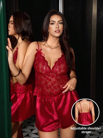 SHEIN Plus Size Sexy Lingerie Set For Women, New Arrival Spring/Summer Lightweight Satin Lace Camisole And Shorts