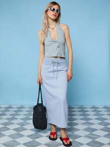 COUREZ Halter Top With Cut Out Front Detail /Y2K Summer For Women Cute Sexy Grey Top Sleeveless Top Halter Neck Beach Holiday Summer Vacation Going Out - Grey - View 1