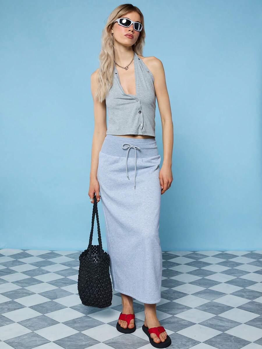 COUREZ Halter Top With Cut Out Front Detail /Y2K Summer For Women Cute Sexy Grey Top Sleeveless Top Halter Neck Beach Holiday Summer Vacation Going Out - Grey - View 1