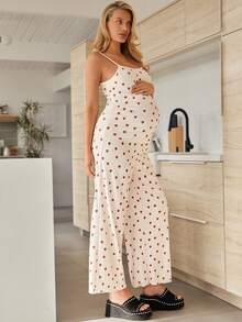 SHEIN 孕妇爱心印花吊带背心和可调节腰围阔腿裤休闲两件套 - 白色 - 查看 5