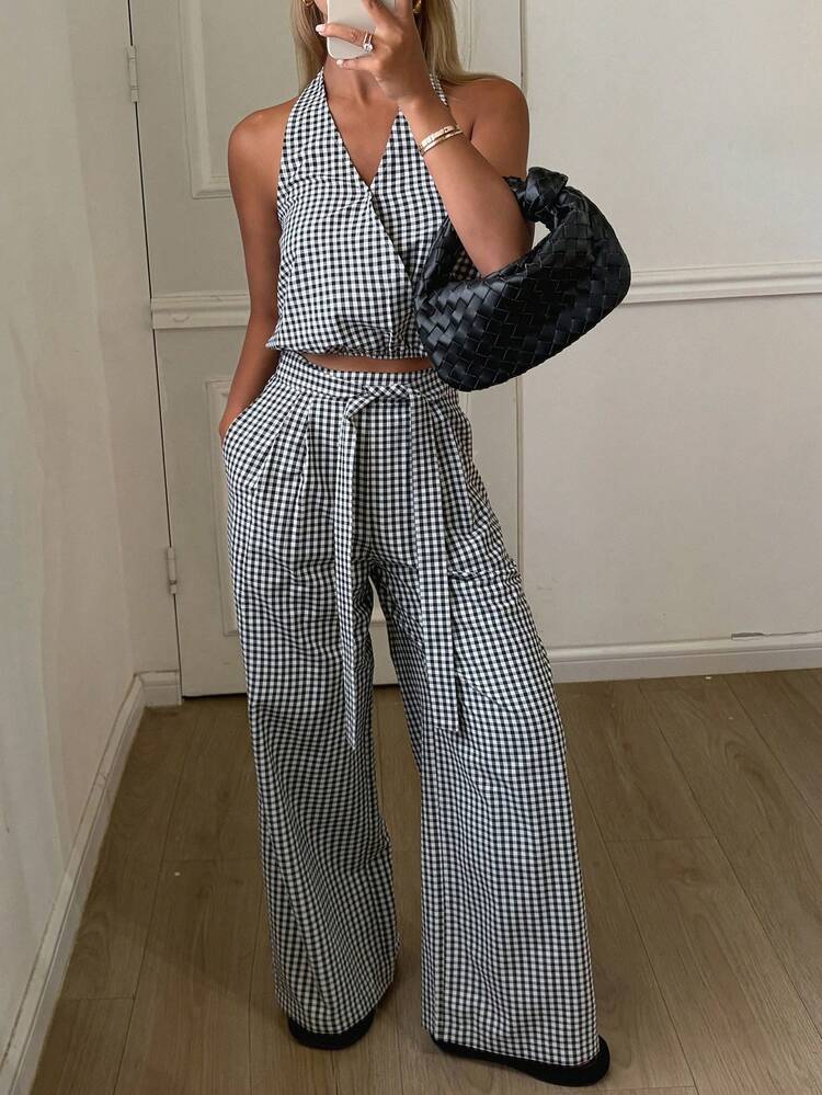 Women's Casual Plaid Halter Top And Wide Leg Pants 2 Pieces Set, Summer Lounge Sets For Women