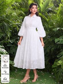 Modelyn Damen minimalistische weiße Lässig Kurzarm Taille geraffte Slim Fit Kleid - Weiss - Übersicht 7