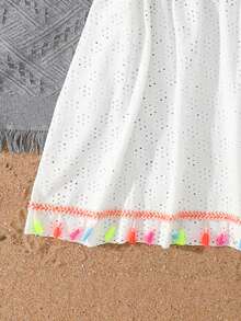 SHEIN 少女罩衫套装，白色轻薄针织长款罩衫及短裤，时尚流苏设计泳衣上装，适合游泳、海滩、度假村、夏季假期。 - 白色 - 查看 4