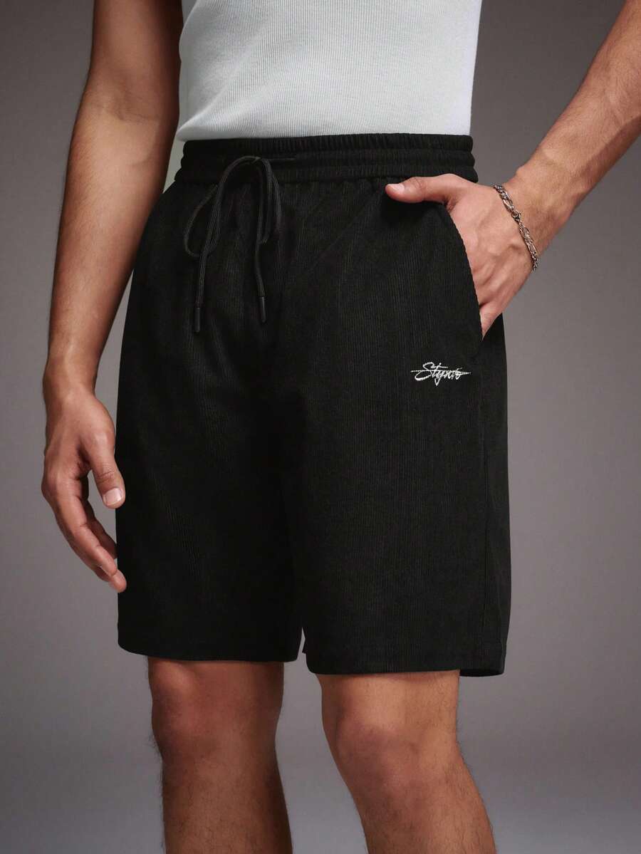 STYNVO Men's Casual Solid Color Embroidered Drawstring Shorts Mens Black Shorts Men Shorts Jorts Men Baggy Black - Black - View 1