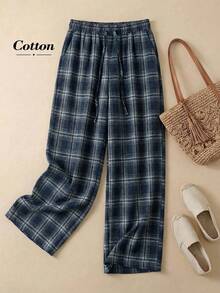 Rusticease 女士格子抽绳腰带休闲百搭阔腿裤，适合日常穿着 - 藏蓝色 - 查看 3