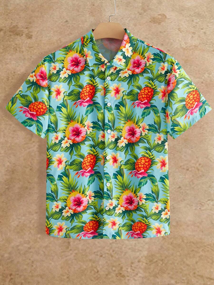 HIMLAND Áo sơ mi nam tay ngắn in họa tiết toàn thân, cài cúc, phong cách thường ngày đi nghỉ mát.