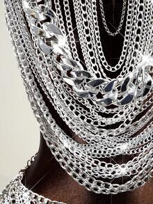 Mistrie Women's Sexy Sheer Chain Rhinestone 2 Pieces Set, Autumn/Winter - Silver - View 5