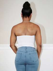 Steph T 不对称下摆露肩上衣，女士休闲不对称，褶皱露肩修身白色纯色女士上衣，春夏，休闲日常穿着 - 白色 - 查看 2