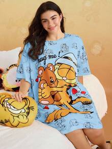 GARFIELD | SHEIN 夏季加大码可爱卡通猫咪印花圆领宽松睡裙 - 藍色 - 查看 3