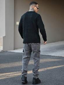 Devon Thys 黑色圆领抽绳提花休闲学院风英伦风套头毛衣，男士春秋冬款，长袖上衣 - 黑色 - 查看 5