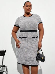 Chikora 大码女装连衣裙，春夏优雅短袖修身撞色通勤连衣裙 - 彩色 - 查看 10