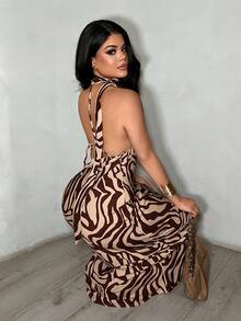 SHEIN SXY Women's Zebra Print Plunging V-Neck Backless Dress - Coffee - View 2