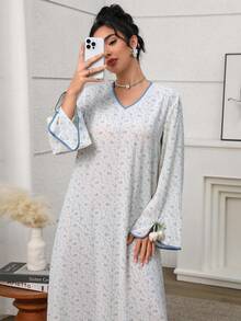 Yasmyna 女士梭织印花3D花卉宽松长袖阿拉伯连衣裙 - 藍色 - 查看 3