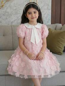 少女优雅花卉网纱蝴蝶结装饰短袖连衣裙 - 粉色 - 查看 1