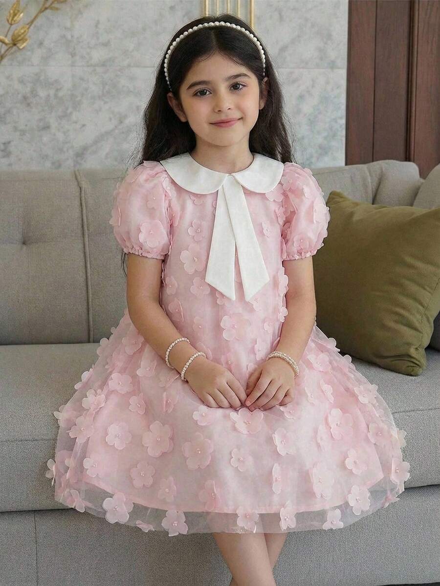 少女优雅花卉网纱蝴蝶结装饰短袖连衣裙 - 粉色 - 查看 1