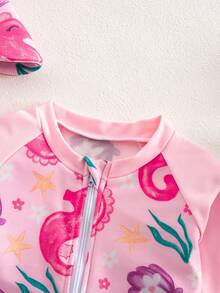 SHEIN Newborn Baby Floral Print Beach Romper Shorts,Summer Girl Rashguard Swimsuit Rash Guards For Girls Bathing Suit Long Sleeve - Pink - View 3