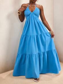 Swim Vcay Đầm dài xếp ly cổ chữ V, dây mảnh, hở lưng, chất liệu 100% cotton, kiểu dáng rộng rãi, thoải mái, thích hợp cho kỳ nghỉ biển của phụ nữ. - Màu xanh lam - Xem 3