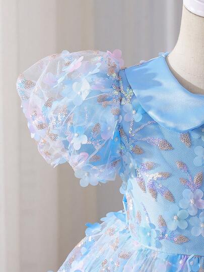Glamorique Kids Young Girl' Floral Waist Puff Skirt, Tulle Puff Sleeve Elegant Party Dress, Suitable For All Seasons