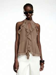 LYSMO Women's Solid Color Ruffle Neck Casual Versatile Daily Wear Top - Khaki - View 5