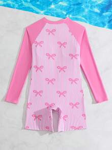 Tween Girls' One-Piece Swimsuit, Pink Striped Bow Print Long Sleeve Zipper, Suitable For Swimming, Summer Vacation, Beach - Pink - View 5