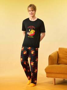 Conjunto de pijama de camiseta de cuello redondo de manga corta y pantalones con estampado de hamburguesa y papas fritas para hombre - Multicolor - Ver 3