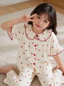 SHEIN 少女櫻桃印花短袖開襟衫與長褲2件式居家服套裝，彼得潘領荷葉邊下擺，粉色與白色，夏季，可愛，居家穿著，睡衣 - 杏色 - 查看 6