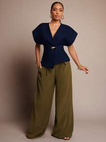 Vixey Solid Textured Woven Asymmetrical Hem Single Button Waistcoat Top - Navy Blue - View 3