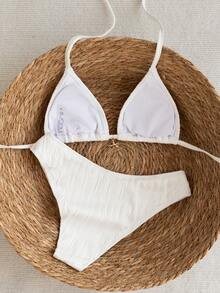 Swim Vcay 2026春夏女士吊带露背黑色底白色波点随机印花甜美可爱侧开衩比基尼泳衣两件套 - 白色 - 查看 2