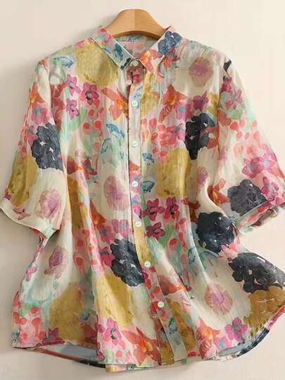 EMERY ROSE 2026 Camisa informal versátil y sencilla con estampado, adecuada para uso en primavera, para mujeres de talla grande