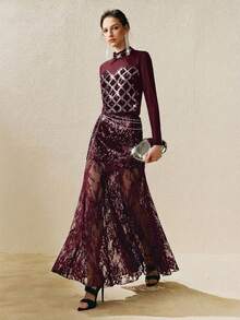 Arave 女士优雅亮片撞色蕾丝派对酒红色半身裙亮片长裙蕾丝长裙女士优雅半身裙情人节款 - 酒紅色 - 查看 6